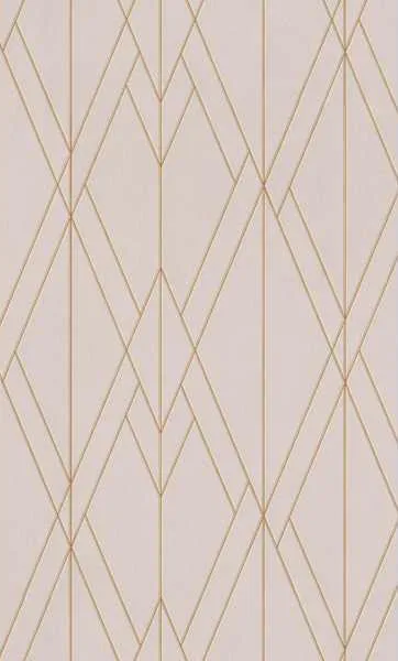 Papel de parede bege rosado com linhas geométricas douradas.