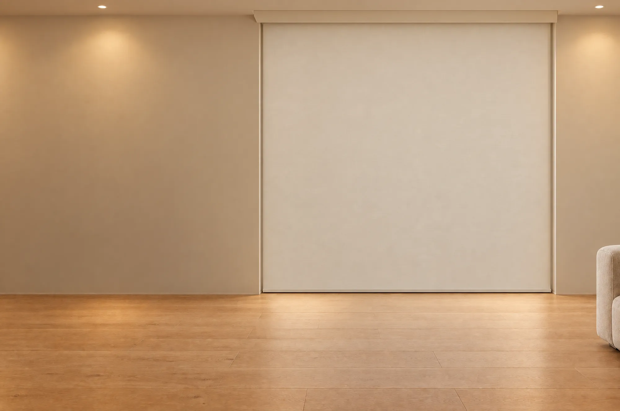 Sala clara à noite com rolo blackout baixado até o piso e bando no alto da janela, sem luz de fora.