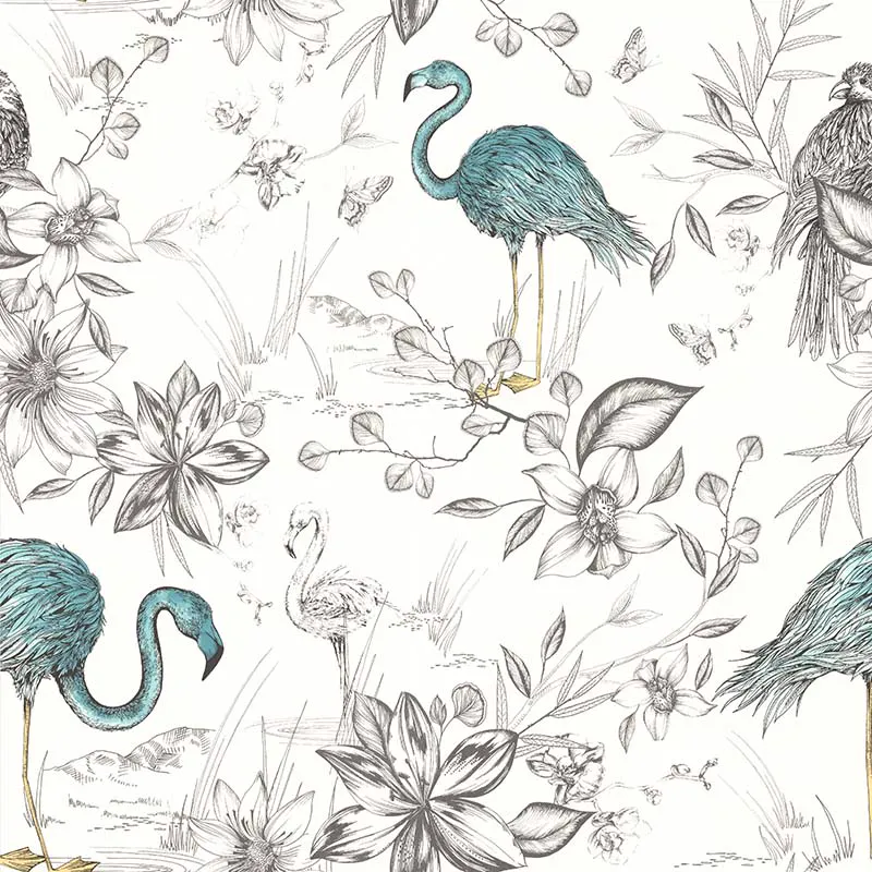 Papel de parede com flamingos azul-petróleo e flores em traço cinza sobre fundo branco.