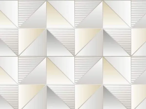 Papel de parede geométrico com triângulos em branco, cinza e dourado.