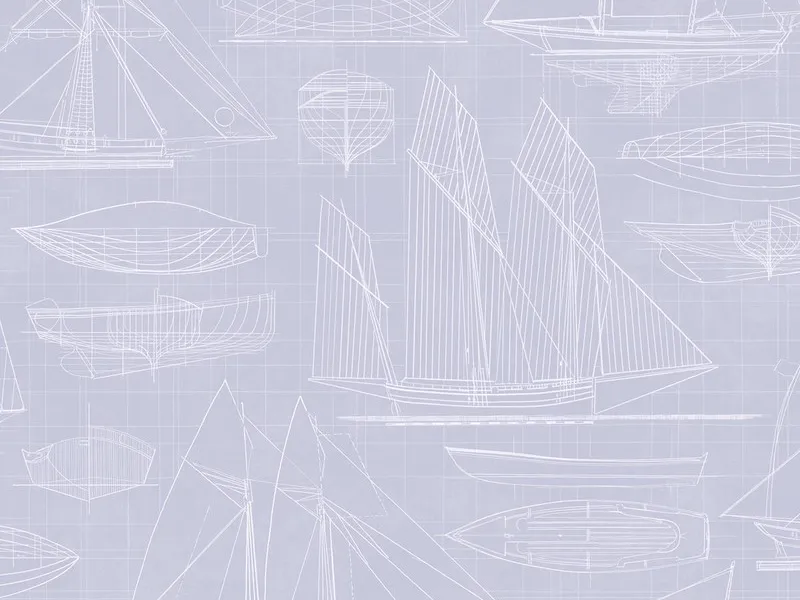 Papel de parede com desenhos de veleiros e barcos em traço branco sobre fundo azul-lavanda.